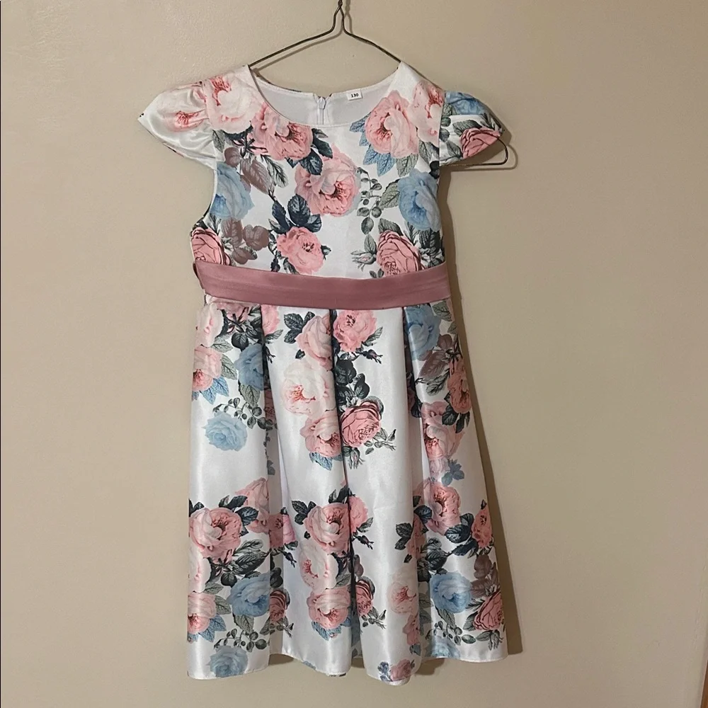 Floral Kids Dress with Pink and Blue Accents 7/8
